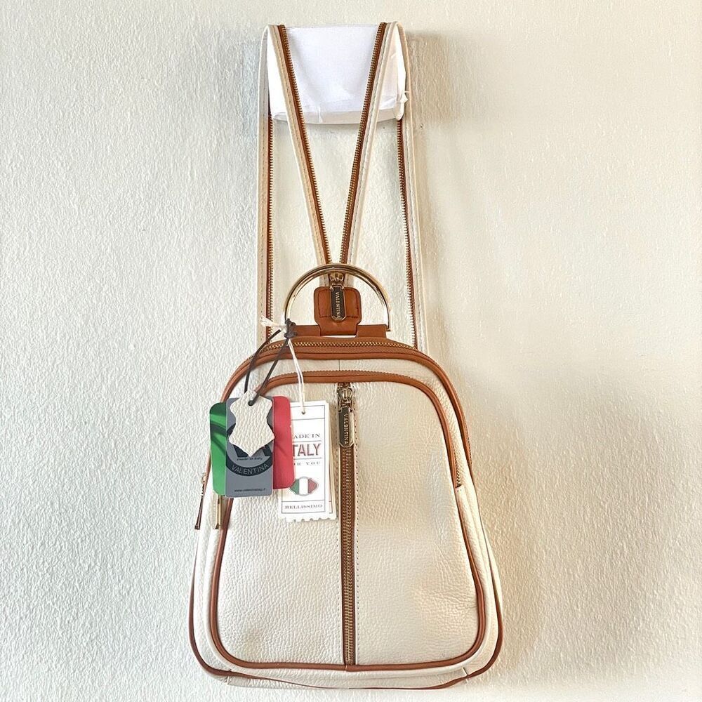 NWT Valentina Genuine Ivory / Tan Pebble Italian Leather Convertible Backpack Ne